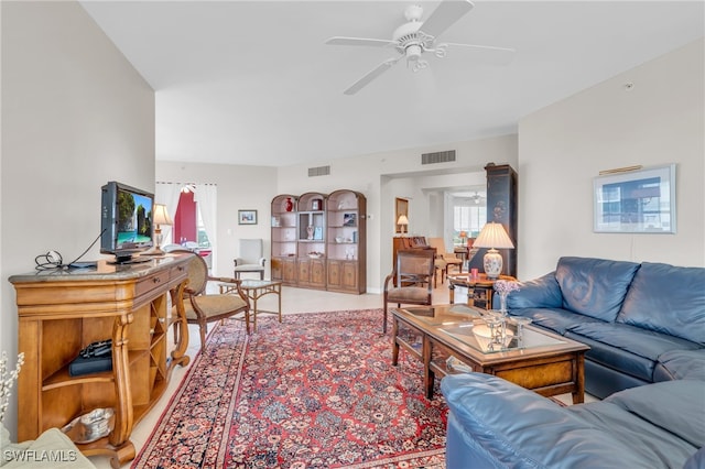 living room featuring ceiling fan