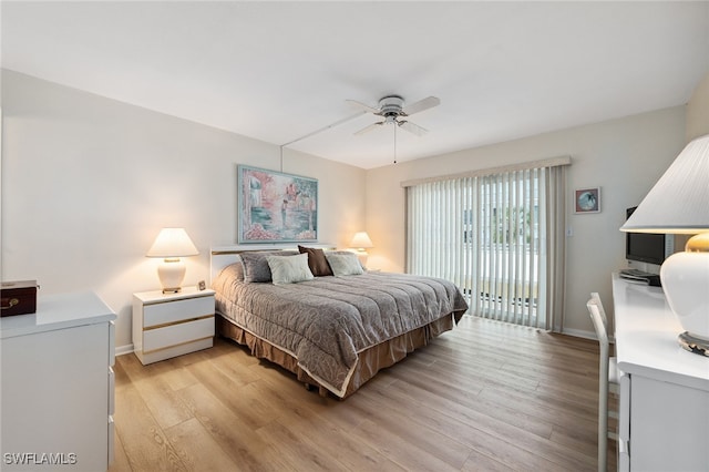 bedroom with access to exterior, ceiling fan, and light hardwood / wood-style floors