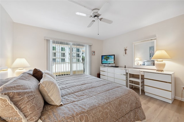 bedroom with ceiling fan, access to exterior, and light hardwood / wood-style flooring