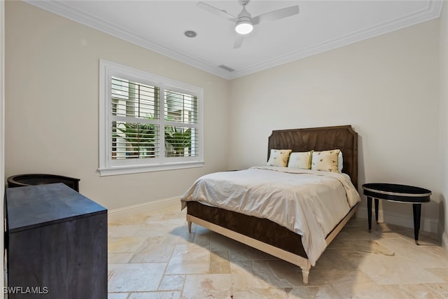 bedroom featuring ceiling fan and crown molding