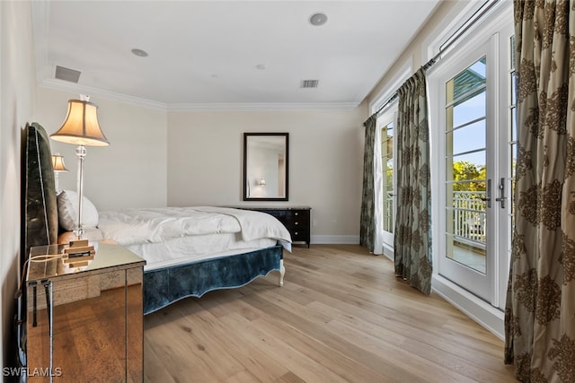 bedroom with access to outside, light hardwood / wood-style flooring, and ornamental molding