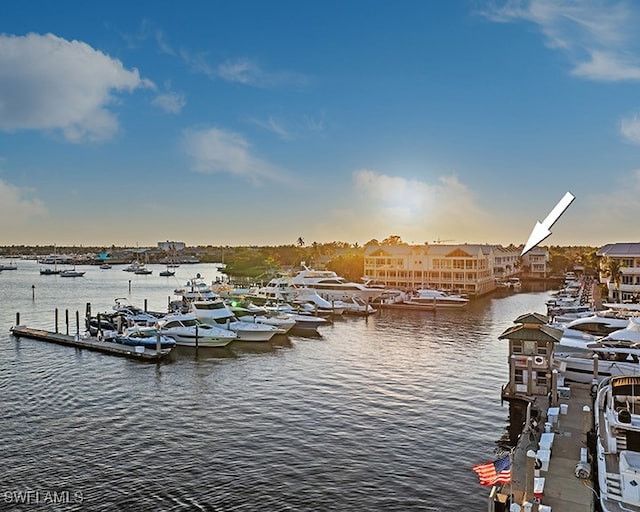 view of dock with a water view