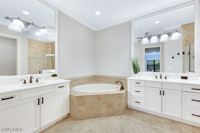 bathroom featuring separate shower and tub, tile patterned flooring, vanity, and ornamental molding