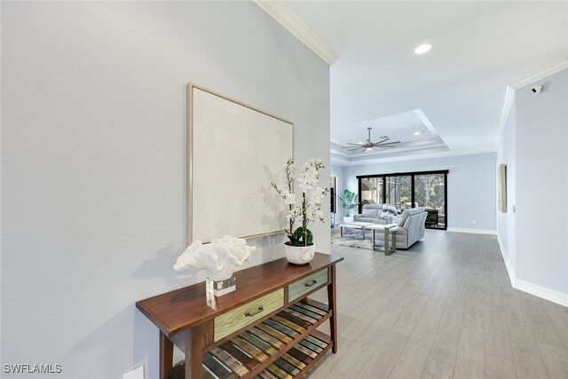 hallway with a tray ceiling, light hardwood / wood-style flooring, and ornamental molding