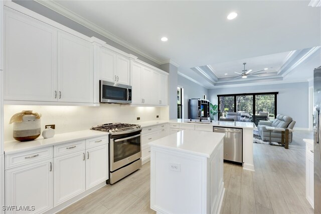 kitchen featuring kitchen peninsula, appliances with stainless steel finishes, light wood-type flooring, a raised ceiling, and white cabinets