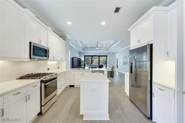 kitchen with ceiling fan, white cabinetry, light wood-type flooring, and stainless steel appliances