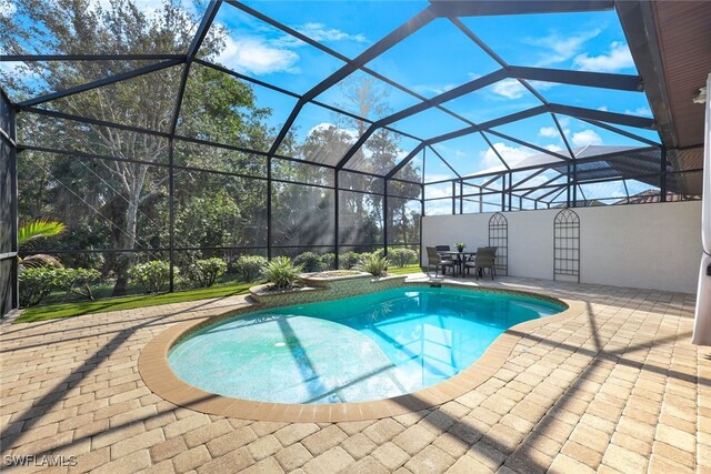 view of swimming pool with a lanai and a patio area