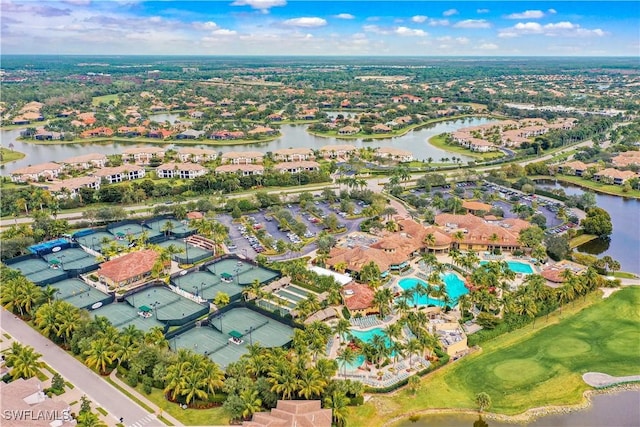 aerial view featuring a water view