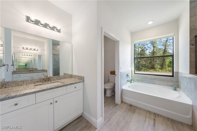 bathroom with a washtub, vanity, wood-type flooring, and toilet