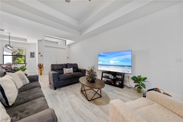 living room with light hardwood / wood-style floors and a tray ceiling