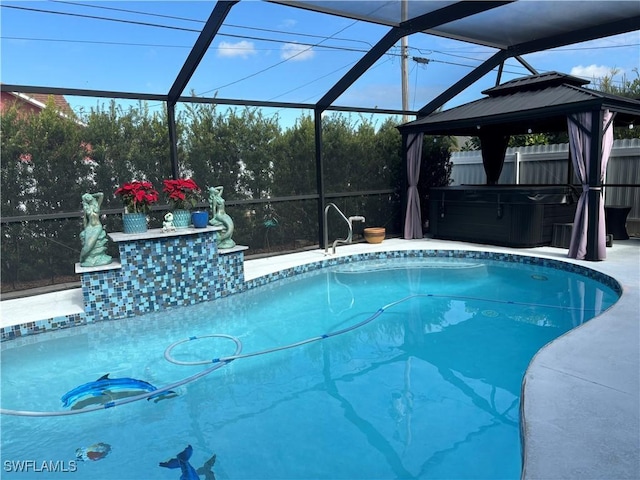 view of swimming pool featuring a gazebo and glass enclosure