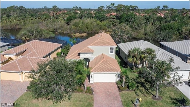 drone / aerial view with a water view