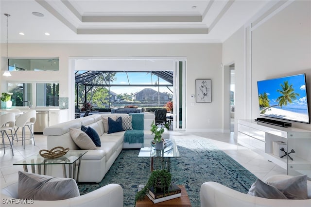 living room featuring light tile patterned floors