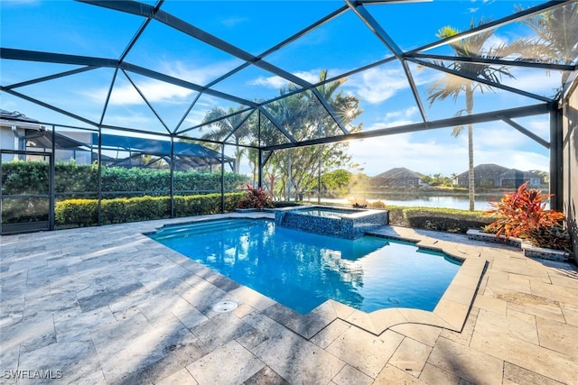 view of swimming pool featuring a patio, glass enclosure, an in ground hot tub, and a water and mountain view