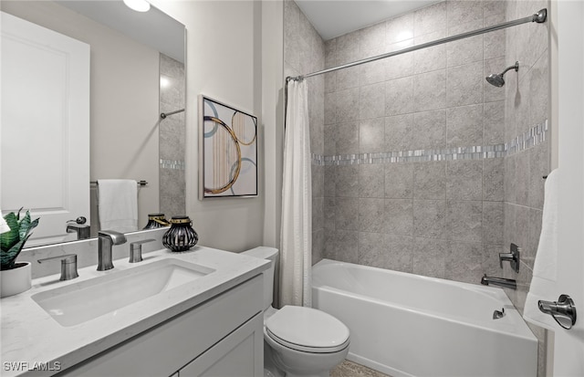 full bathroom with shower / bath combination with curtain, toilet, and vanity