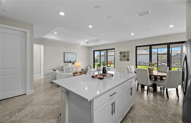 kitchen featuring white cabinets, plenty of natural light, a kitchen island, and a tray ceiling