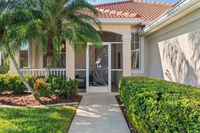 doorway to property with a tiled roof and stucco siding