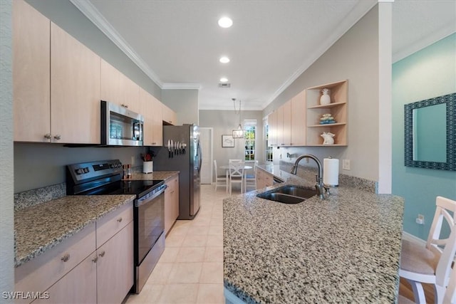 kitchen featuring ornamental molding, a peninsula, stainless steel appliances, open shelves, and a sink