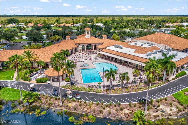 aerial view featuring a water view