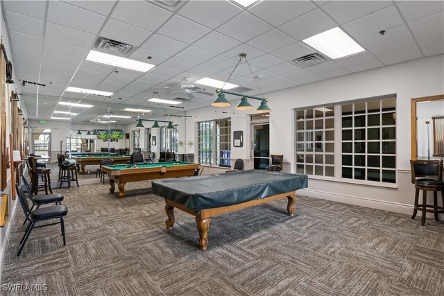 game room with a drop ceiling, carpet floors, and billiards