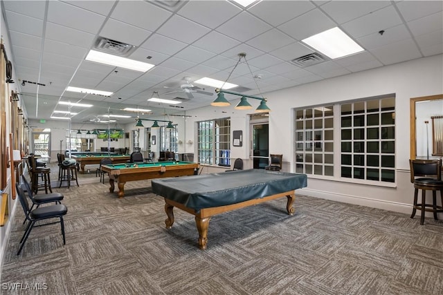 playroom featuring carpet, billiards, visible vents, and a wealth of natural light