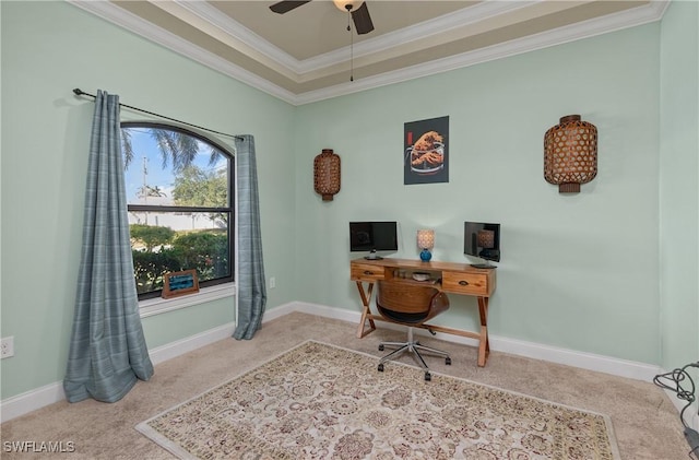 carpeted home office with ceiling fan, a raised ceiling, and crown molding