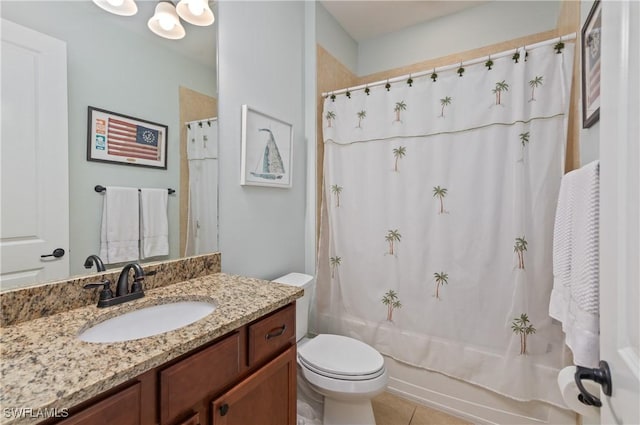 full bathroom featuring toilet, vanity, tile patterned floors, and shower / bath combo with shower curtain