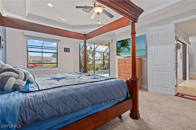 bedroom with access to exterior, ceiling fan, crown molding, and light colored carpet