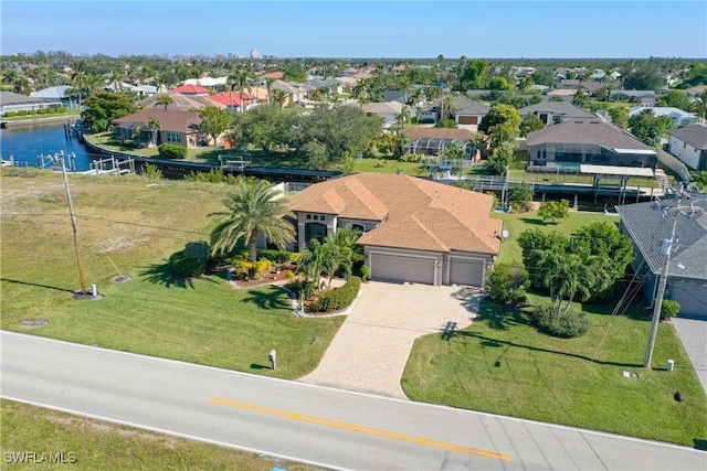 drone / aerial view featuring a water view