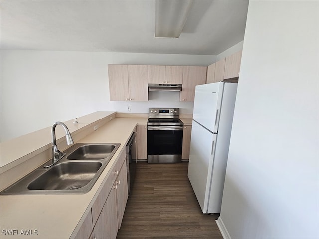 kitchen with light brown cabinetry, dark hardwood / wood-style flooring, sink, electric stove, and white fridge