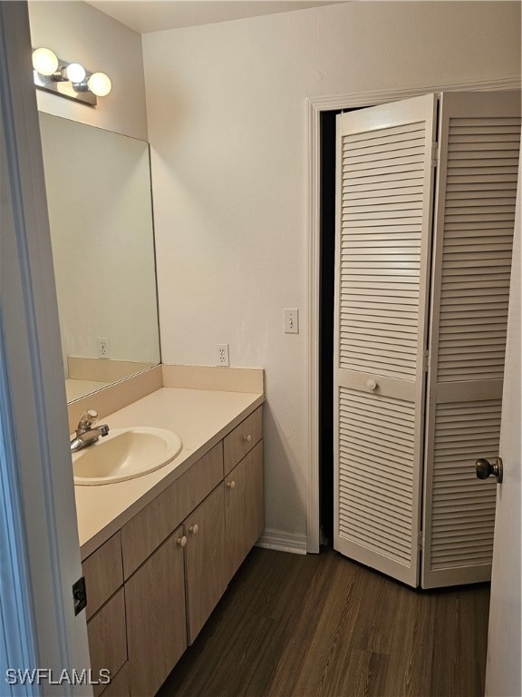 bathroom with vanity and wood-type flooring