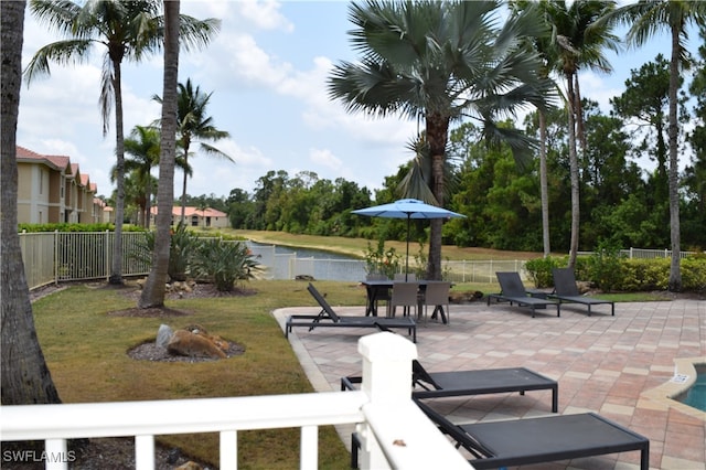 view of patio / terrace featuring a water view