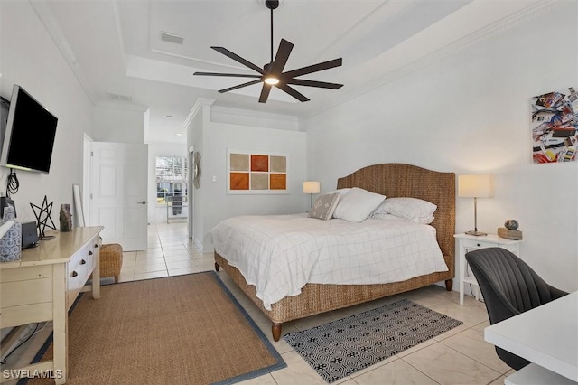 bedroom featuring crown molding, light tile patterned floors, and ceiling fan