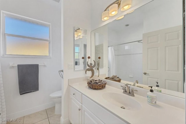 full bath with baseboards, toilet, tile patterned floors, curtained shower, and vanity