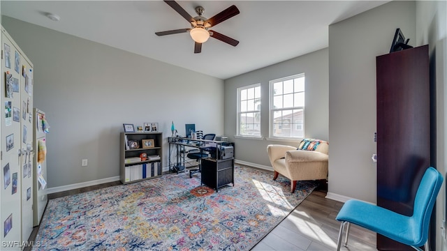 office featuring light hardwood / wood-style floors and ceiling fan