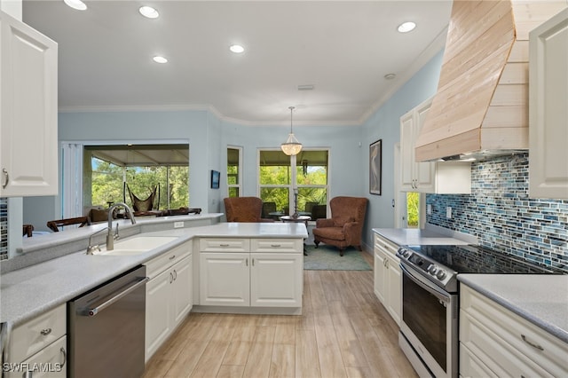 kitchen with a healthy amount of sunlight, sink, stainless steel appliances, and custom exhaust hood