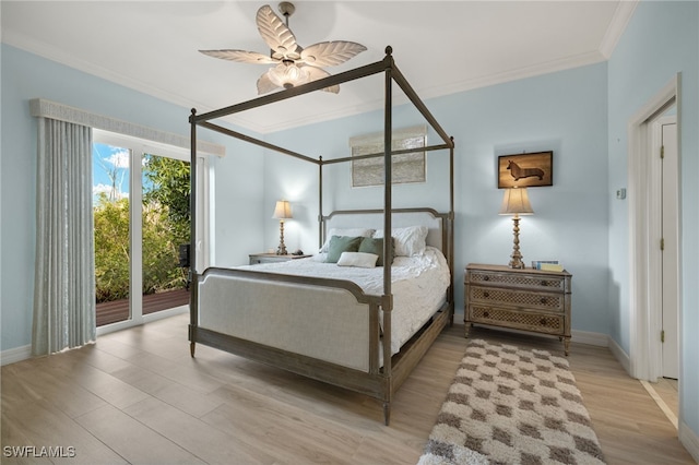 bedroom with ceiling fan, access to exterior, ornamental molding, and light hardwood / wood-style flooring