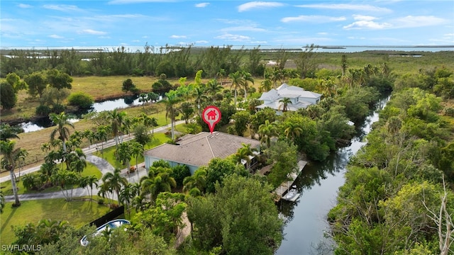 drone / aerial view featuring a water view