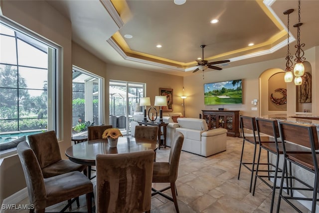 dining room featuring a tray ceiling and ceiling fan