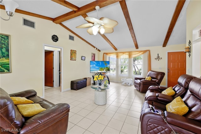 living room featuring ceiling fan, beamed ceiling, light tile patterned floors, and high vaulted ceiling