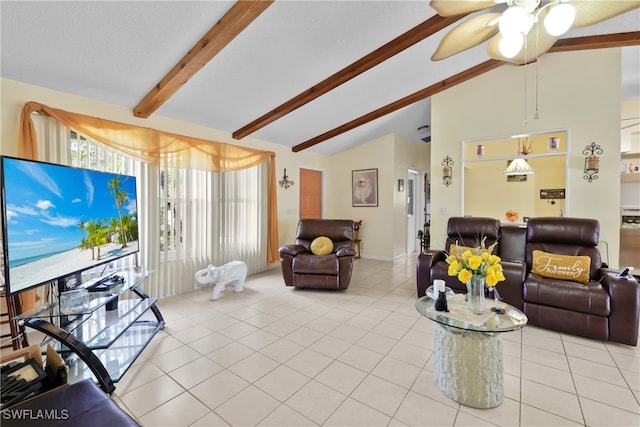 living room featuring light tile patterned floors, vaulted ceiling with beams, and ceiling fan