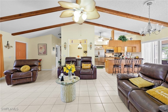 living room with light tile patterned floors, lofted ceiling with beams, and a notable chandelier