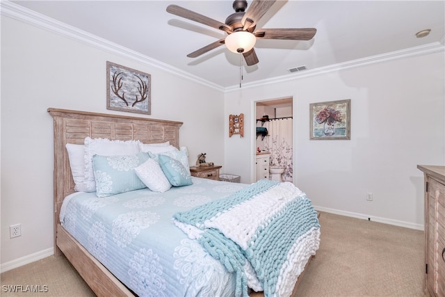 bedroom with crown molding, light colored carpet, and ceiling fan