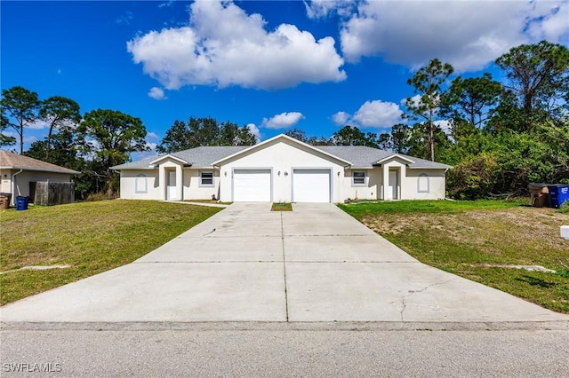 ranch-style home with a garage and a front lawn