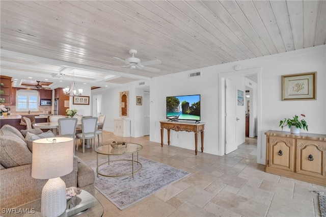living room with stone tile floors, wooden ceiling, visible vents, and ceiling fan with notable chandelier