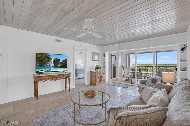 living room featuring wood ceiling, ceiling fan, and built in features