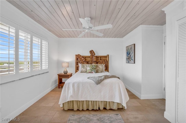 bedroom with stone finish floor, baseboards, a ceiling fan, and wood ceiling