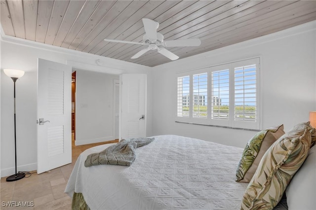 tiled bedroom with ceiling fan and wood ceiling