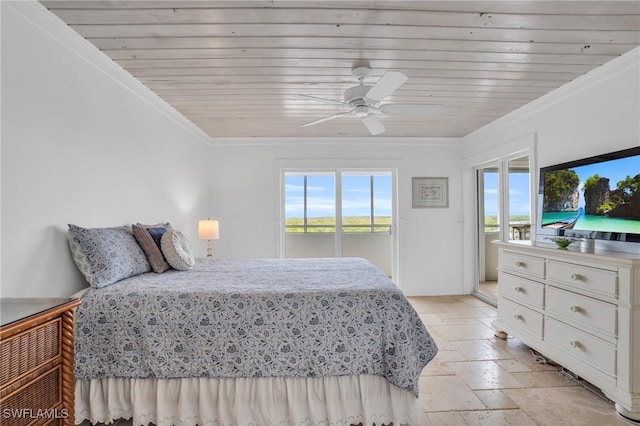 bedroom with ceiling fan, wood ceiling, ornamental molding, and access to outside