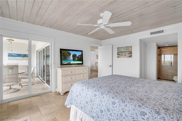 bedroom with a ceiling fan, connected bathroom, wood ceiling, stone finish floor, and visible vents